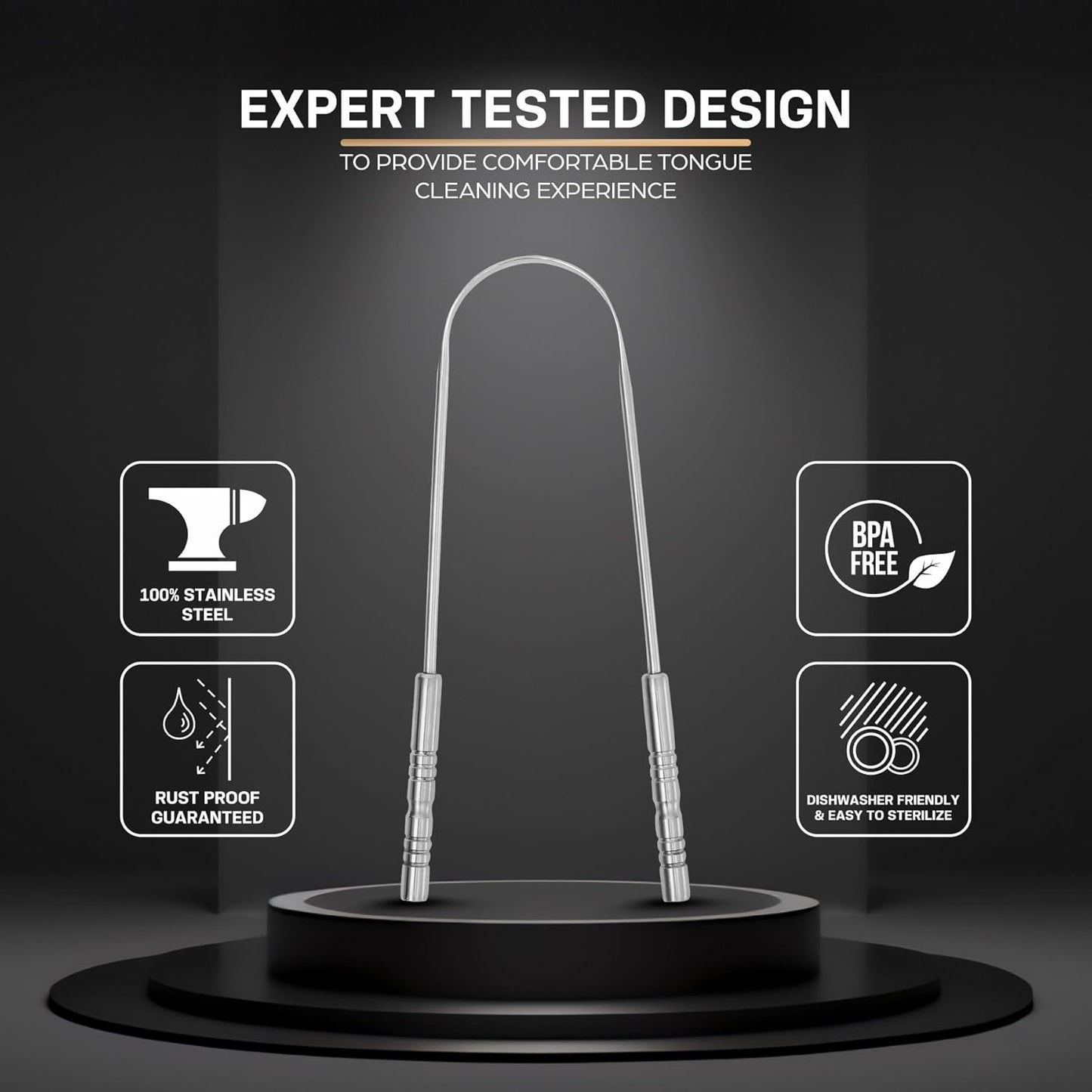 Tongue Scraper for Adults, Metal Tongue Scraper for Good, Fresh Breath & Oral hygiene essentials-100% Stainless Steel U shaped Tongue Cleaner with Friendly Emoji Recognition (Pack of 2)