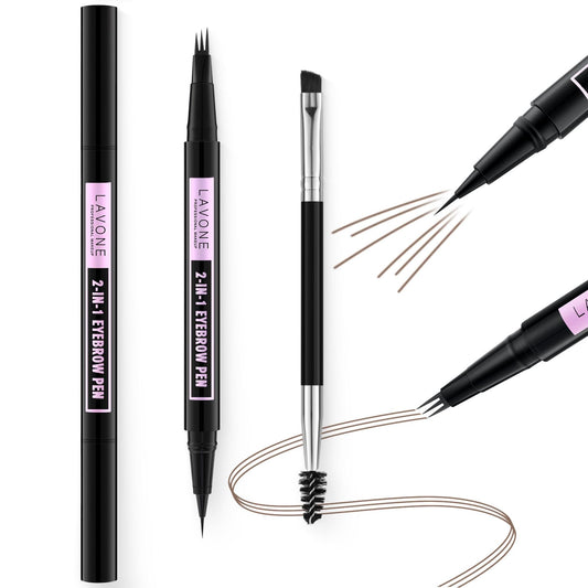 LAVONE Eyebrow Pencil, 2-In-1 Waterproof Eyebrow Pen, with 3 Tip Microblading Eyebrow Pen and Ultra-Precise Brow Pencil, Dual-ended Eyebrow Brush, for Eyebrow Makeup - Dark Brown