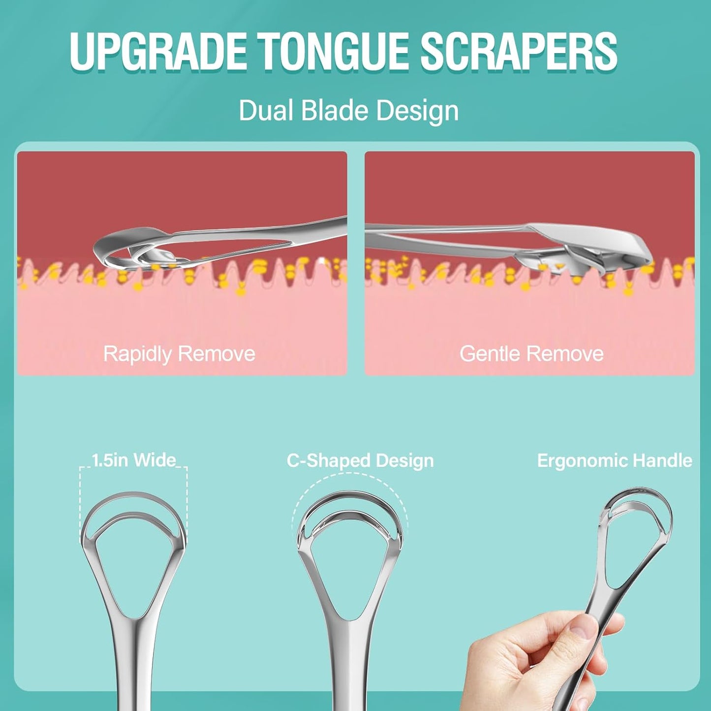 RONAVO Tongue Scraper for Adult with Thick Tongue Coating, Dual Scraping Head Design for Deep Clean, Stainless Steel Tongue Cleaner, Bad Breath Gone, Help Improve Oral Hygiene