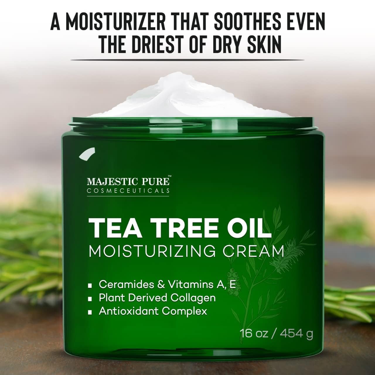 Majestic Pure Tea Tree Oil Moisturizing Cream - Body, Foot & Face Moisturizer - With Ceramides, Vitamins A E & Vegan Collagen - For Dry Skin, Oily Skin, & Appearance Of Wrinkles - 16 oz