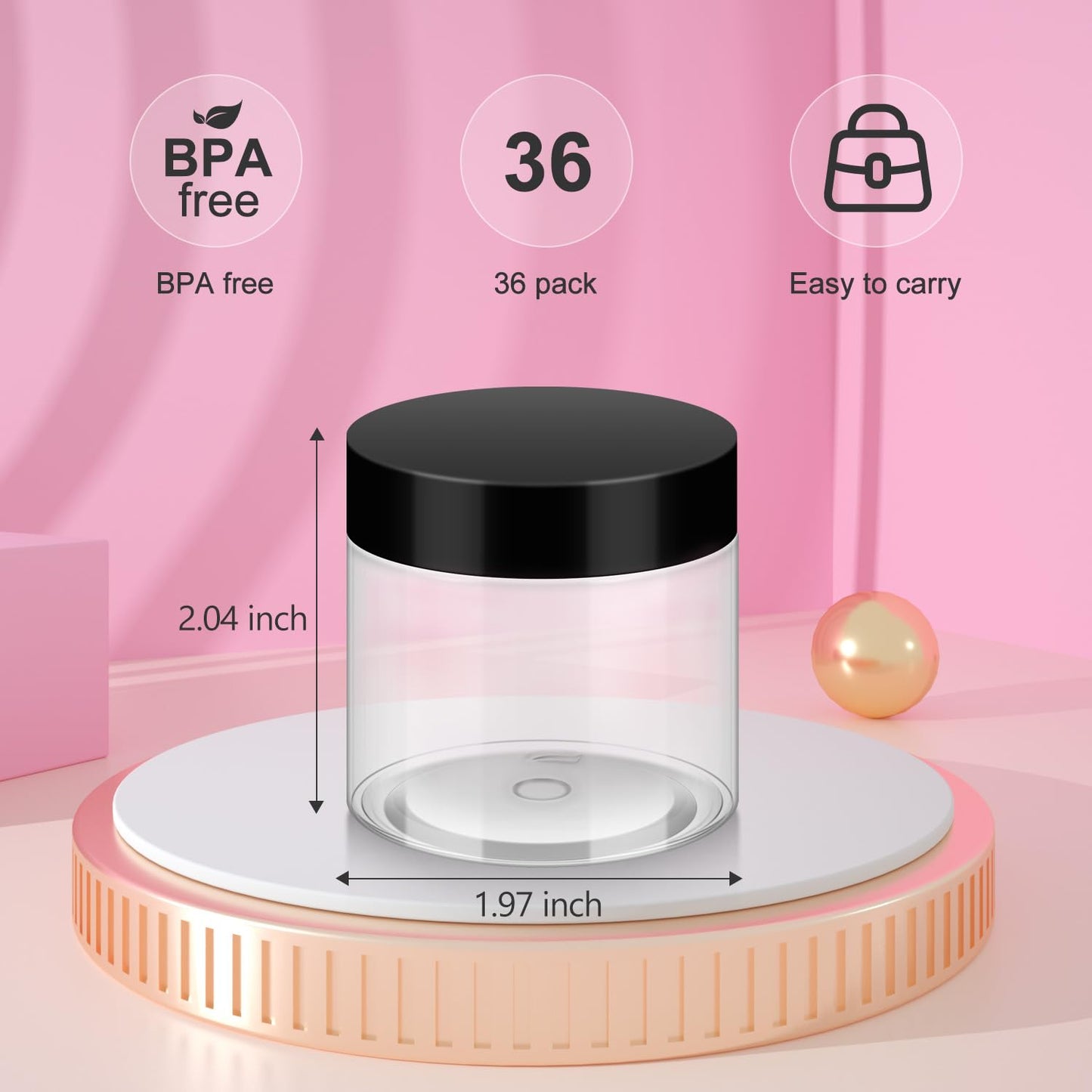 36 Pack 2 OZ Plastic Jars with Lids, BPA Free, Reusable, Refillable Transparent Cosmetic Containers for Bath Salts, Cosmetics, Powders, Beauty Product and Small Accessories