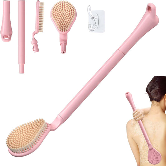 Back Scrubber for Shower, 19’’ Detachable Long Handle Shower Body Scrubber for Wet or Dry Brush, Adjustable 2-in-1 Back & Body Brush with Medium Soft Bristles for Deep Cleaning(Pink)