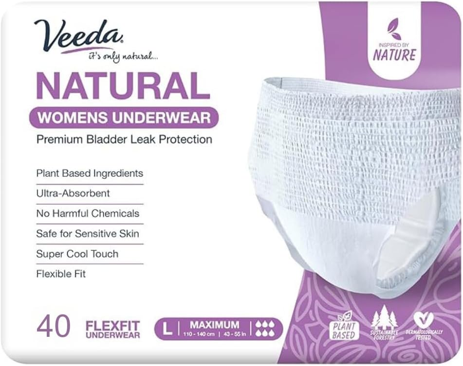 Veeda Natural Adult Incontinence Underwear for Women - Postpartum Underwear for Bladder Leakage Protection - Disposable Underwear with Maximum Absorbency - Large Size - 40 Count