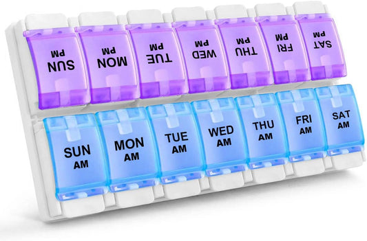 Sukuos AM PM Weekly 7 Day Pill Organizer, 2 Times A Day Pill Box with Arthritis Friendly Push Button, Medicine Cases for Vitamin/Fish Oil/Supplements, Easy to Clean (Purple&Blue)