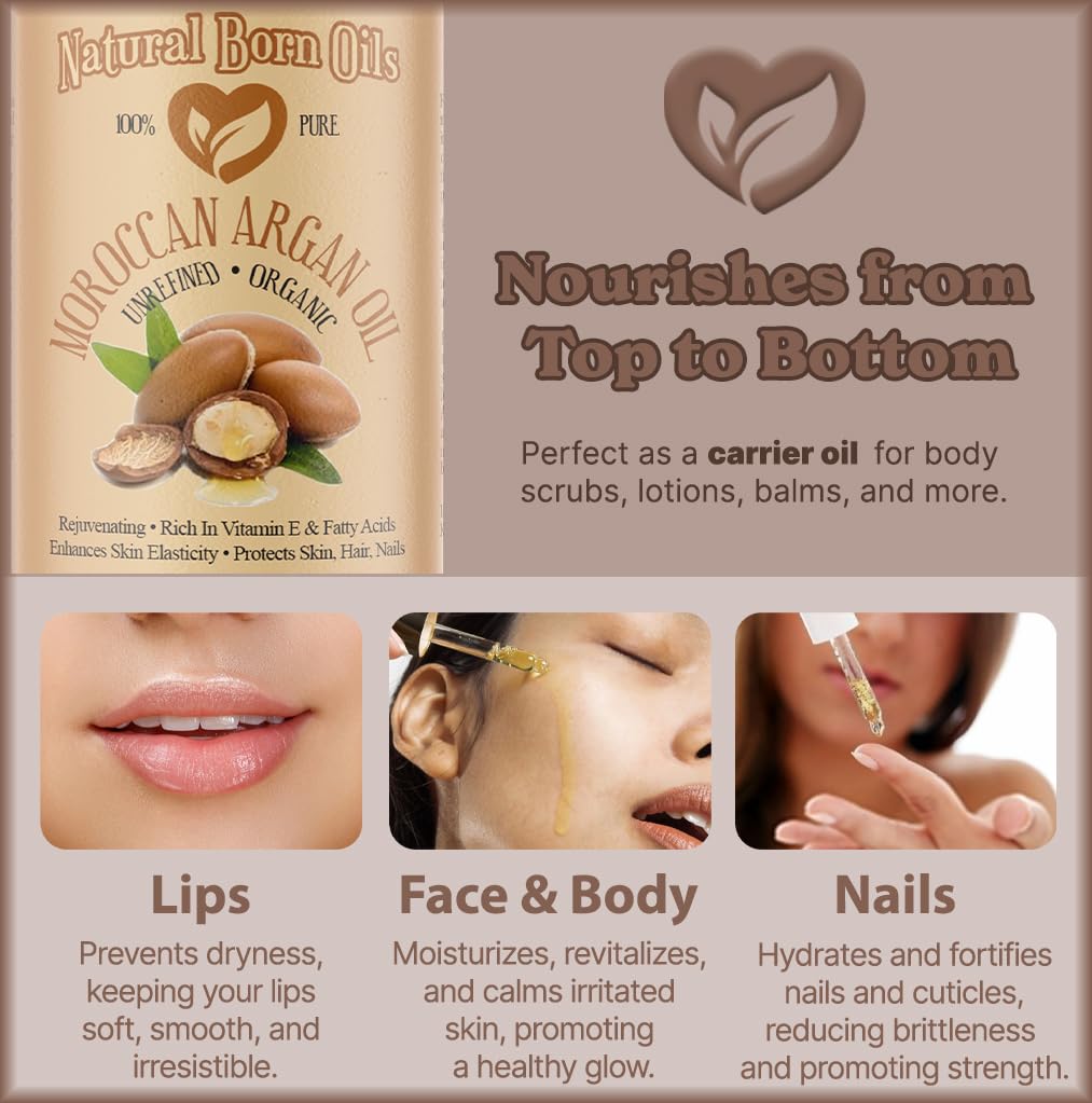 Natural Born Oils Moroccan Argan Oil, 16oz, Organic, Cold-Pressed, Vitamin E & Antioxidants, Deep Skin Hydration, Hair Strengthener