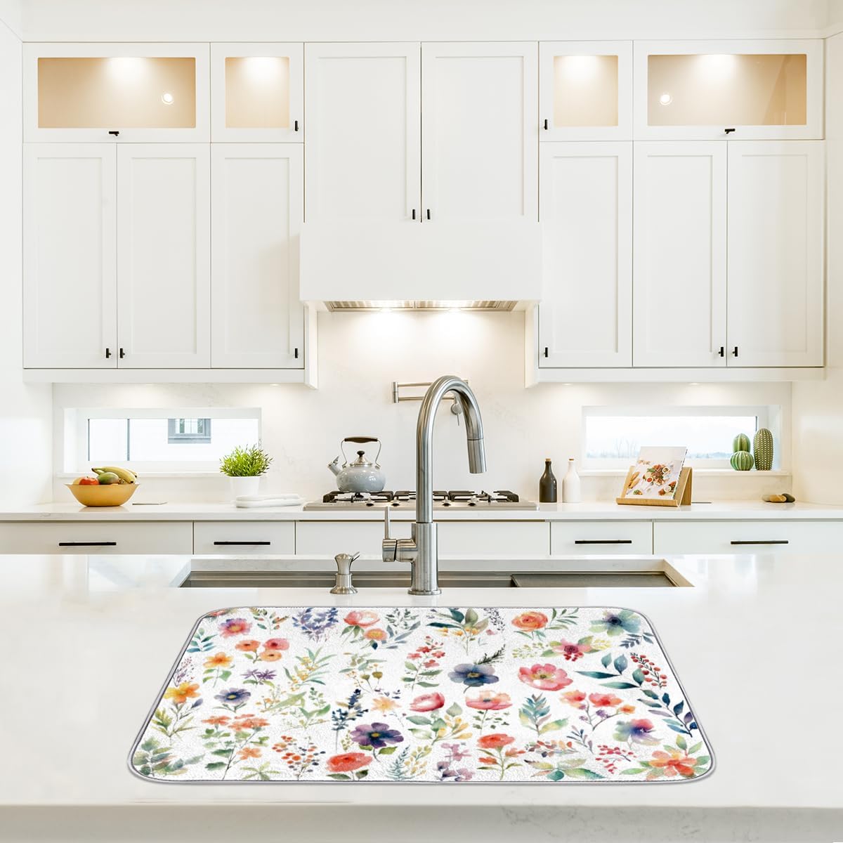 Hexteria Microfiber Absorbent Dish Draining Mat, Floral Dish Drying Mat for Kitchen Counter Washable Drainer Rack Pad, Vintage Floral