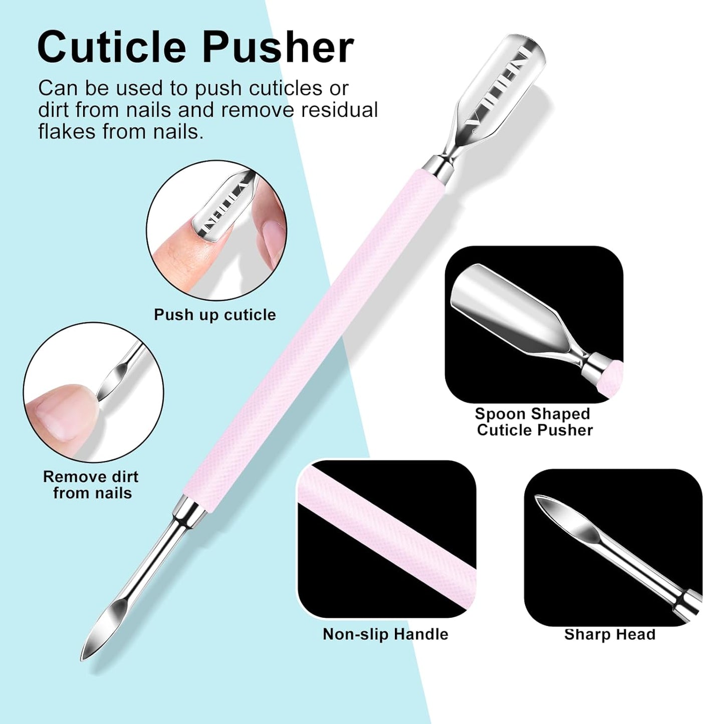 NXJ INFILILA Cuticle Pusher and Cuticle Cutter, 2Pcs Pink Cuticle Pusher Tool Stainless Triangle Cuticle Peeler Scraper Manicure Pedicure Tools Cuticle Remover Kit for Nail Care