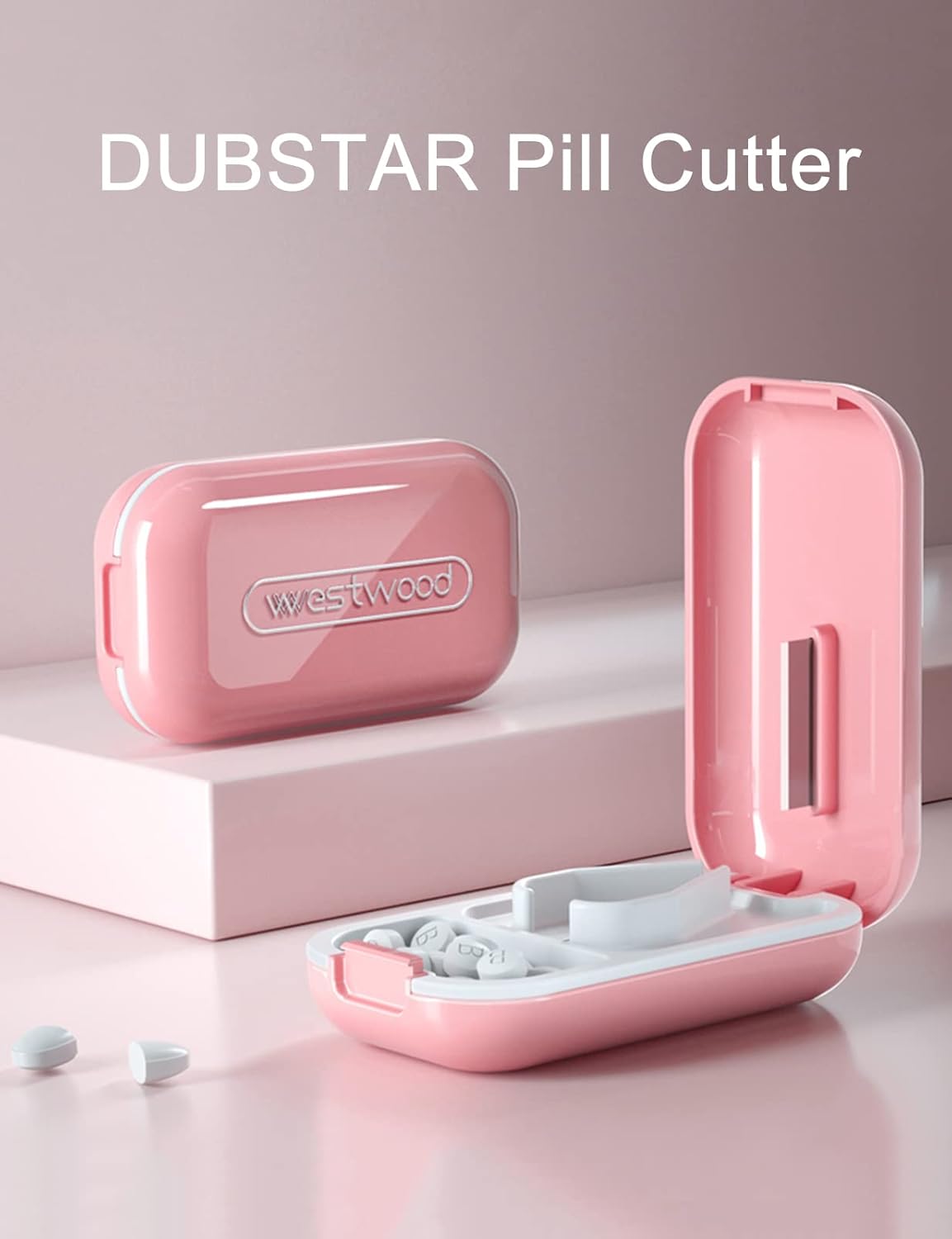 DUBSTAR Small Pill Cutter, Pill Cutter Splitter for Small and Tiny Pills, Portable Pretty Pill Cutters for Large Pills, Cuts Vitamins Tablets for Purse Pocket (2 PCS Pill Cutters, Pink+Pink)