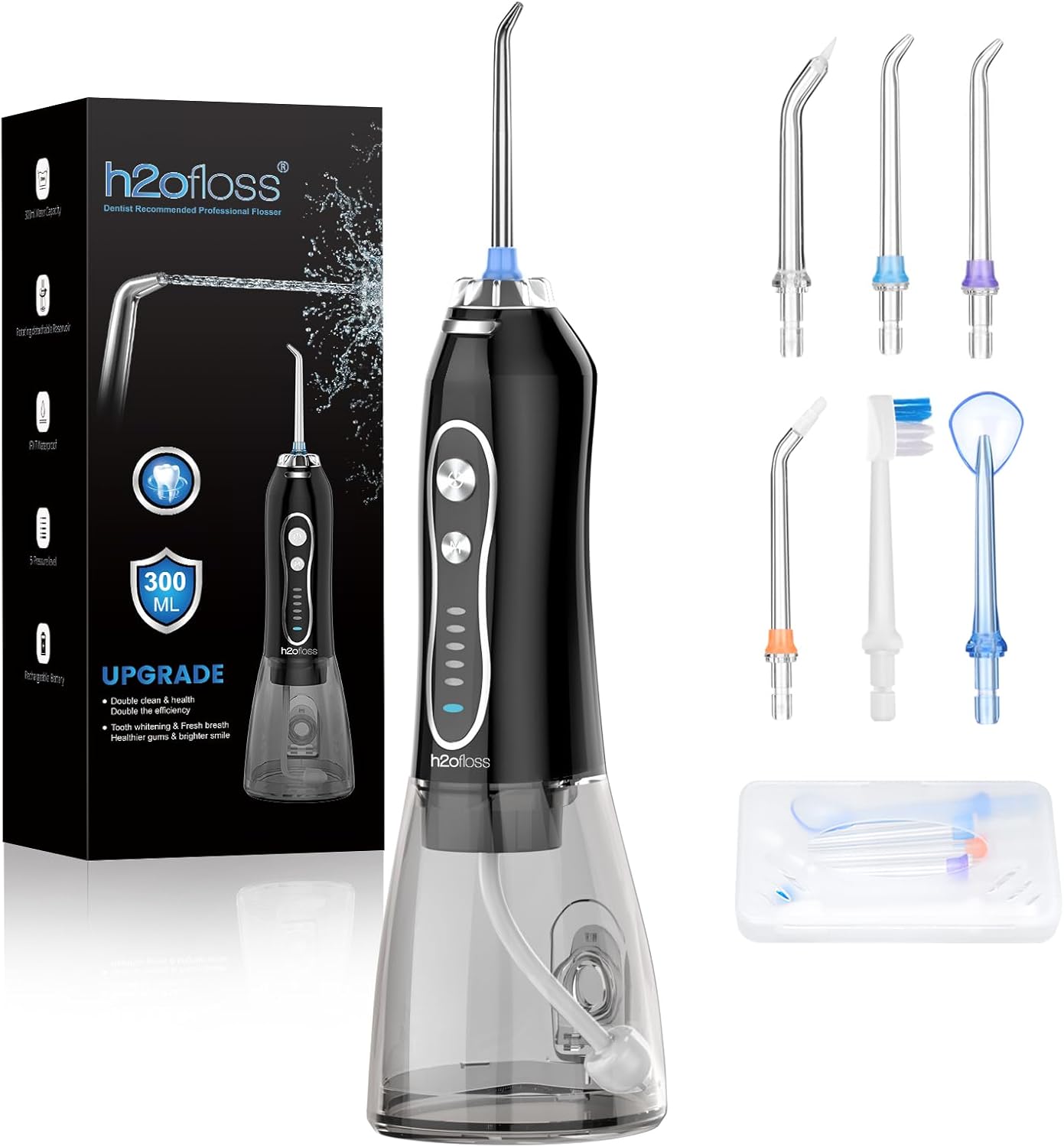H2ofloss Water Dental Flosser Teeth Pick -Portable Oral Irrigator with 5 Modes, Rechargeable IPX7 Waterproof Orthodontic Teeth Cleaner Pick Cordless for Home Travel-300ml Water Tank