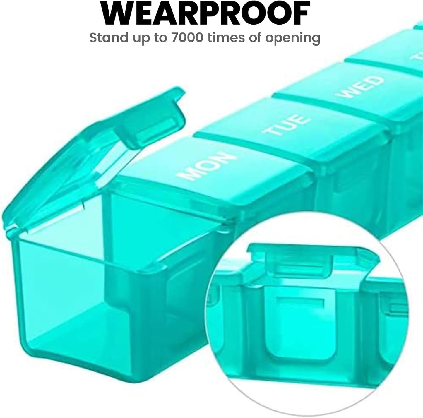 Sukuos Extra Large Weekly Pill Organizer, 7 Day Daily Pill Box Case Arthritis Friendly, Silkscreen Printed Medicine Container with Clear Lid for Vitamins, Fish Oils or Supplements (Cyan)