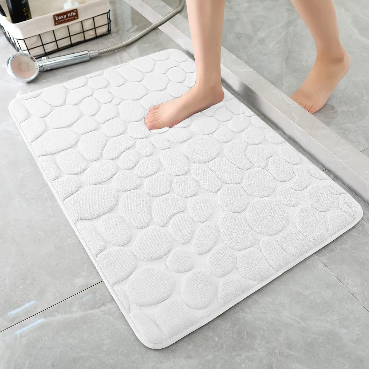 YIHOUSE Bath Mat, Memory Foam, Cobblestone, Bathroom Rugs, 20 x 32, White, Super Water Absorbent, Non-Slip, Machine Washable