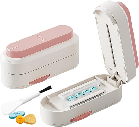 Multiple Pill Cutter - Pill Cutter Splitter for Small Tiny Large Pills Professional | Vertical Press-Down Cutting & Adjustable | Sturdy Blade & Guard | Includes Cleaning Brush (Pink)
