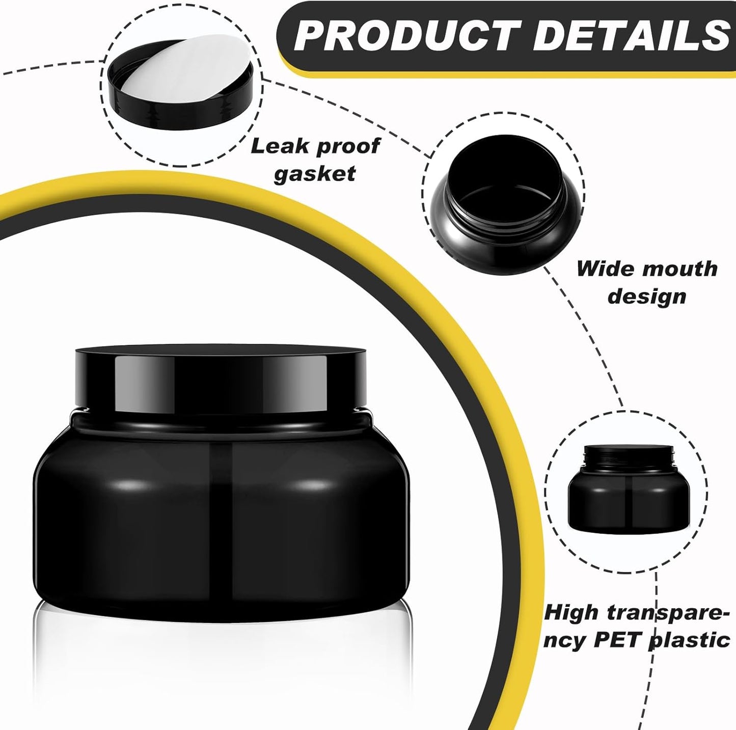 Tessco 24 Pack Plastic Jars with Lids Labels Empty Clear Plastic Jars Round Refillable Cosmetic Containers Body Butter Containers Bulk Sugar Scrub Bottle for Make Up(8 oz,Black)