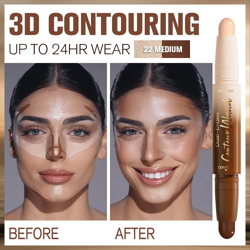 2Pcs Cream Contour Stick Face Body Makeup Dual Ended, Nude Light Beige & Nude Brown no Transfer Waterproof 2 in 1 Cream Concealer Stick Contouring Makeup Set, Nose Contour Bronzer Sticks Highlighter
