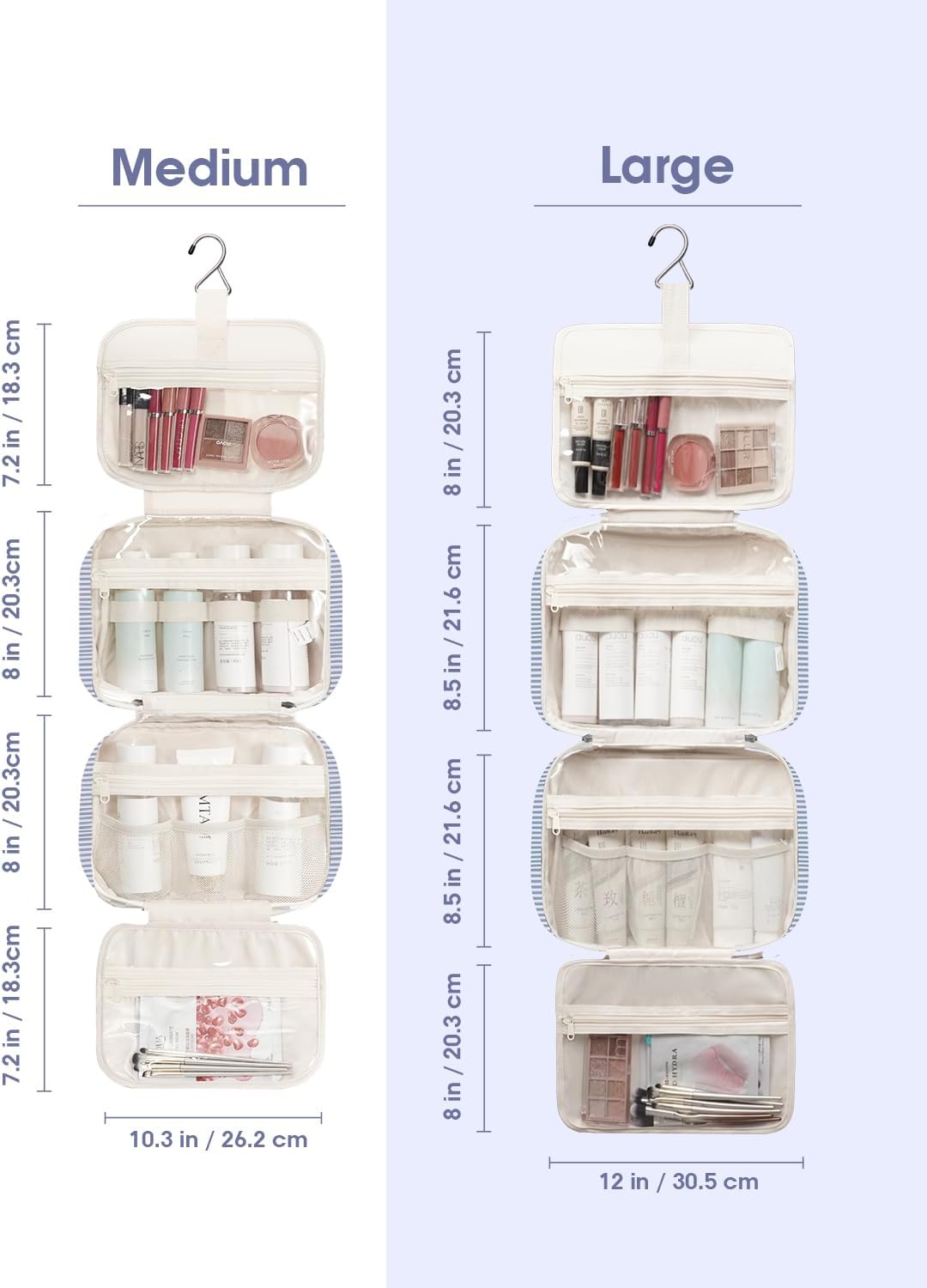 Narwey Striped Hanging Toiletry Bag for Women Travel Makeup Bag Organizer Toiletries Bag for Travel Size Essentials Accessories Cosmetics (Greyish Blue Stripe (Medium))