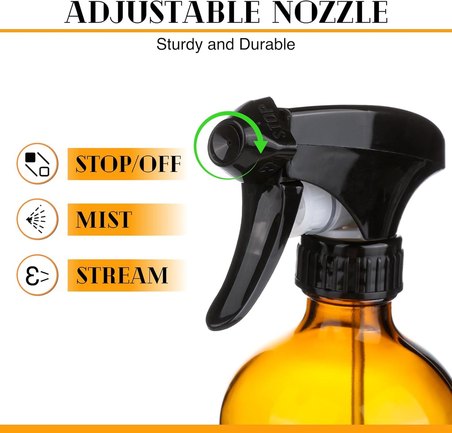 2 Pack/16 Oz Glass Spray Bottles, Refillable Empty Containers with Silicone Sleeve, Upgraded Adjustable Nozzle Spray Bottle Sets for Cleaning, Essential Oils, Hair (Amber)