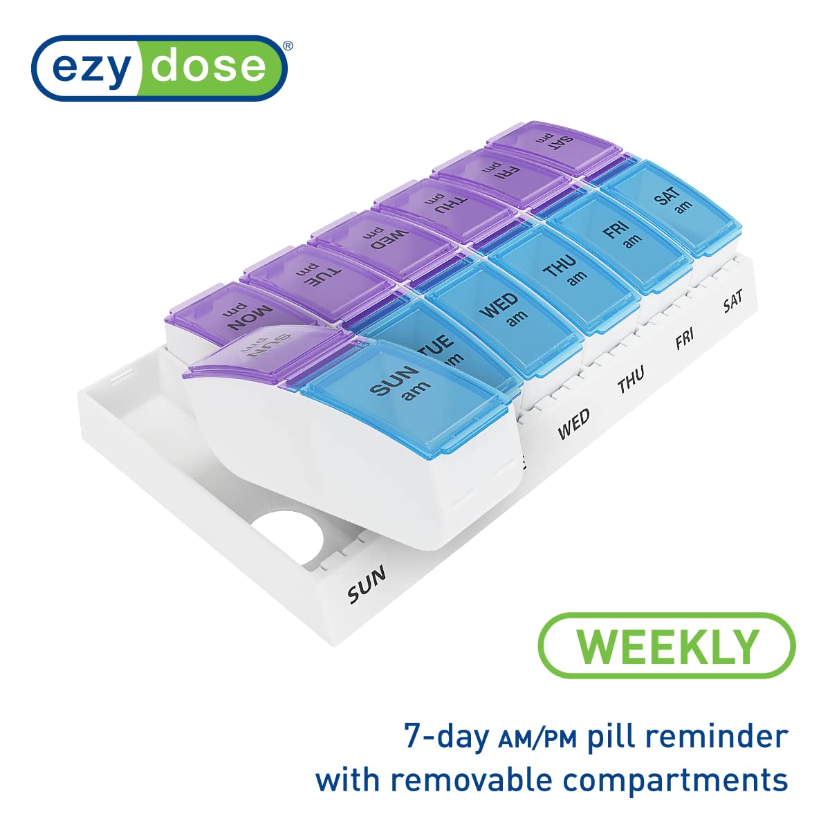 EZY DOSE Weekly (7-Day) AM/PM Pill Organizer, Vitamin and Medicine Box, Large Pop-out Compartments, 2 Times a Day, Blue and Purple Lids