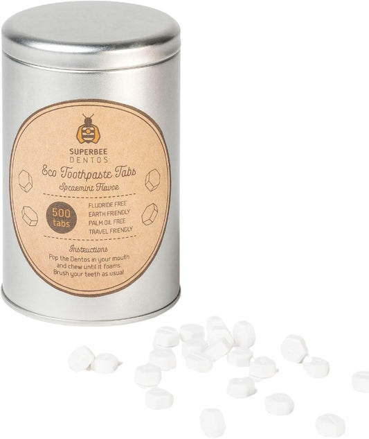 SuperBee Dentos Toothpaste Tablets, 500 Tabs, Fluoride Free & Eco Friendly, Travel Mouthwash Tablets, Sensitive Bites for Kids and Adults, Chewable Tablet, Spearmint