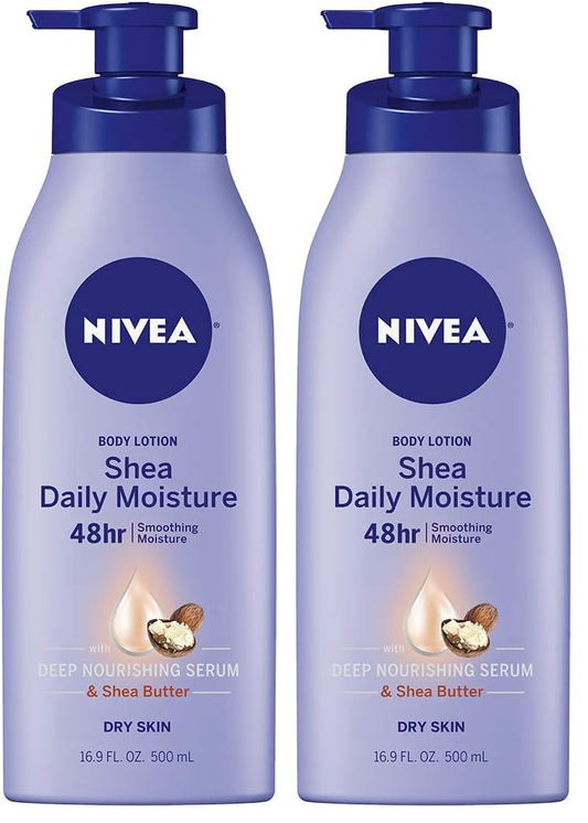 NIVEA Shea Nourish Body Lotion for Dry Skin with Hyaluronic Acid, Shea Butter and Deep Nourishing Serum, 48-Hour Body Moisturizer, 16.9 Fl Oz Pump Bottle (Pack of 2)
