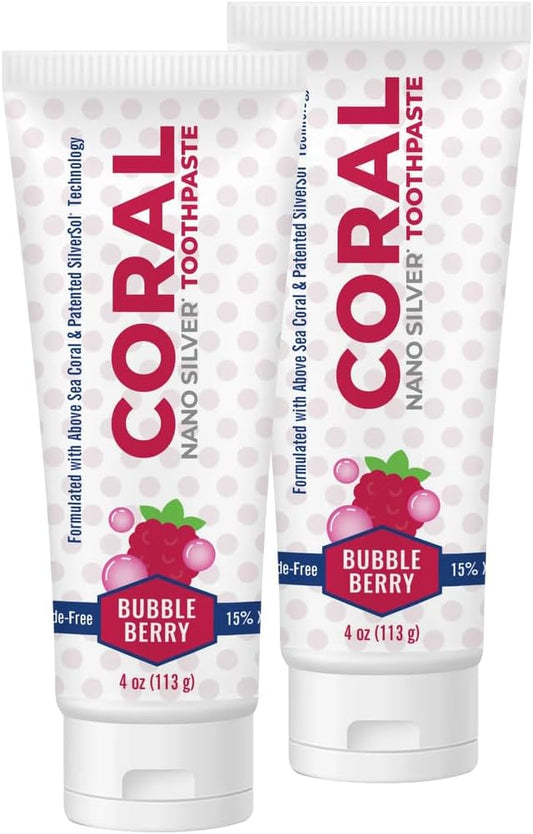 Coral Nano Silver Bubble Berry Kids Toothpaste, Natural Fluoride Free Teeth Whitening Toothpaste, Coral Calcium Nano Silver Infused SLS Free - 4 Ounces (2 Pack)