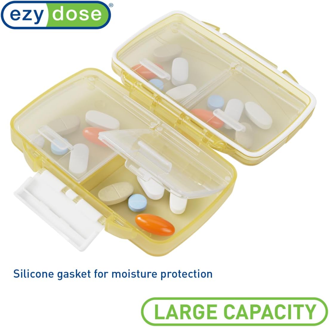 EZY DOSE Moisture-Proof Pill Case, Medicine Planner, Vitamin Organizer Box, Travel-Friendly, Latch-Closure to Secure Contents, 4 Individual Compartments of Multiple Sizes with Tight Seal, Small, Cream