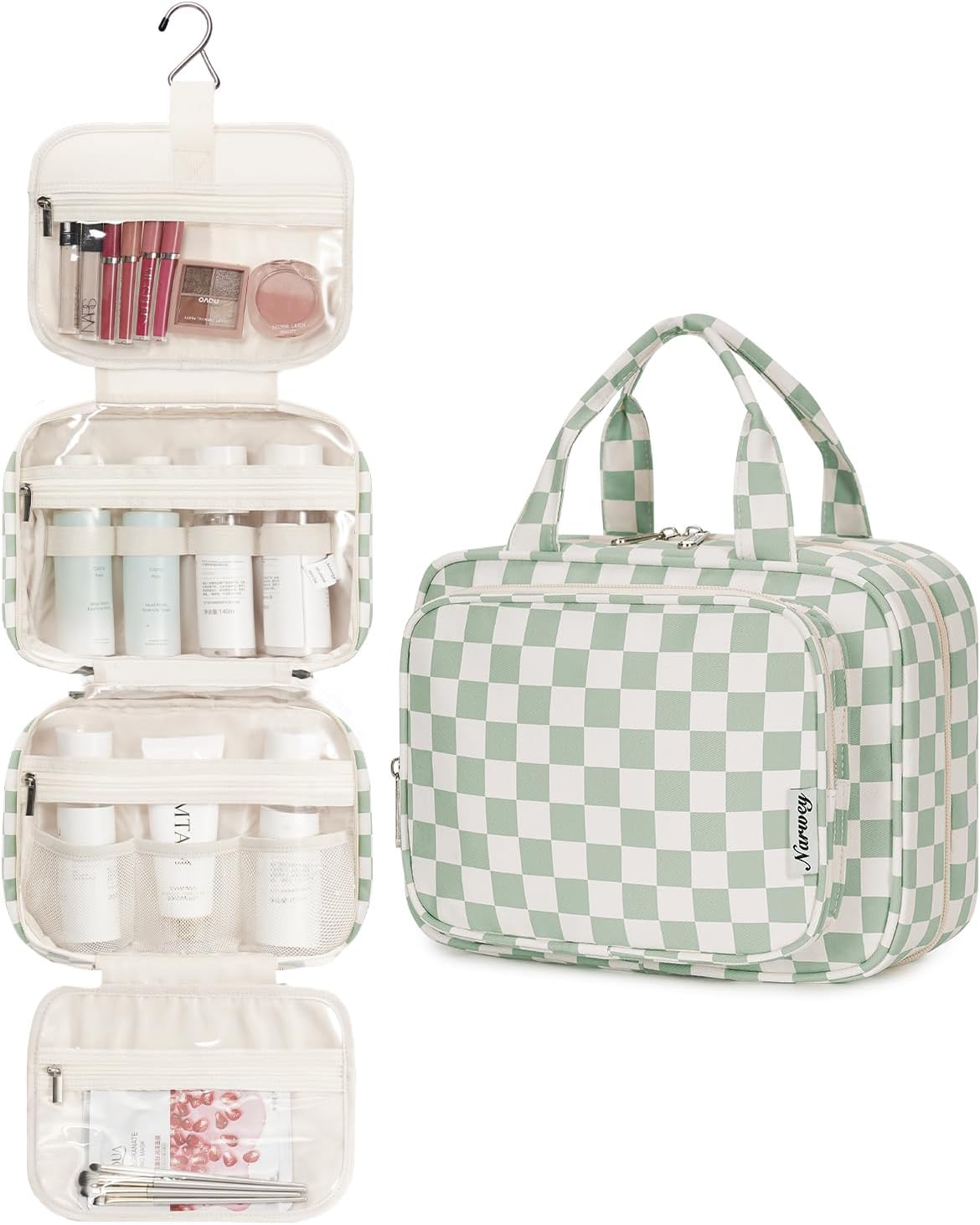 Narwey Hanging Toiletry Bag for Women Travel Checkered Makeup Bag Organizer Toiletries Bag for Travel Size Essentials Accessories Cosmetics (Mint Green Checkerboard (Medium))