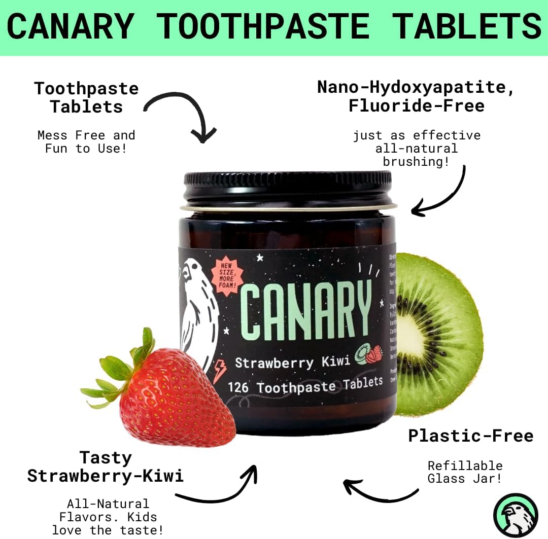 Canary Nano Hydroxyapatite Toothpaste Tablets Strawberry Kiwi - Remineralizing, Fluoride Free, All Natural Tabs with Xylitol - Great for Kids, Plastic Free - 126 Count
