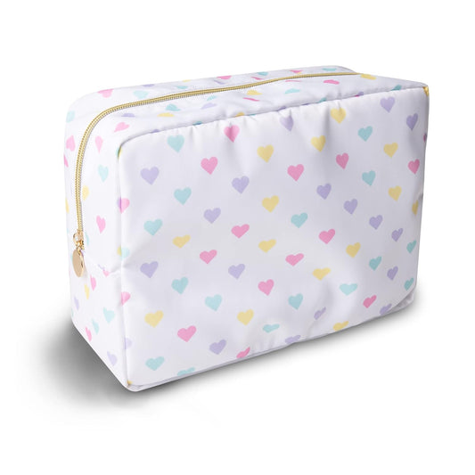 Large Makeup Bag Pouch, Nylon Women Travel Toiletry Storage Bag Big Makeup Organizer Bag for Girls, Preppy Cosmetic Bag Cute Zipper Pouch Skincare Bag for Sport School Work Gift(Large-White Heart)