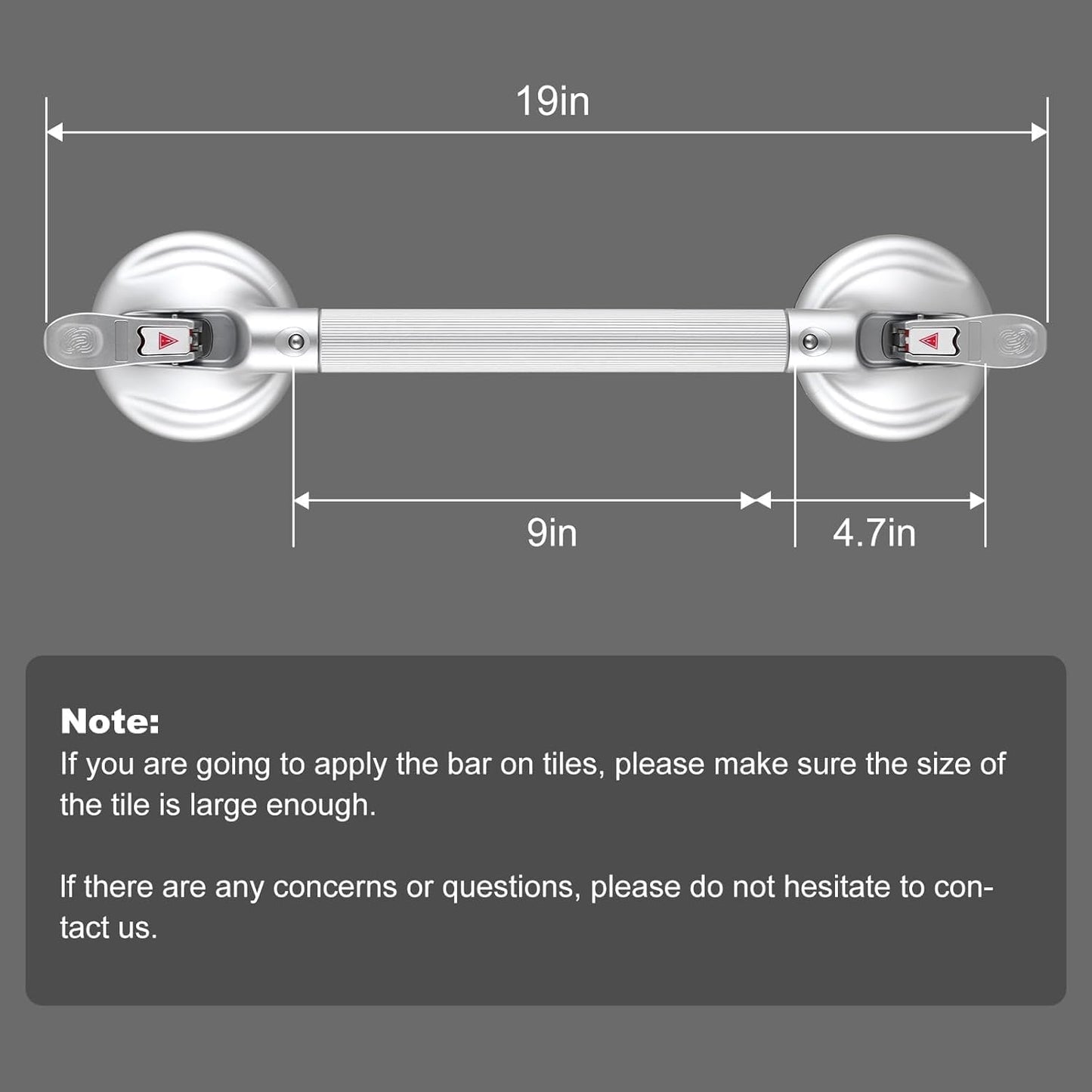 19-Inch Shower Handle - Upgraded Grab Bar with Strong Suction Cups for Bathtub & Shower Safety, Ideal for Seniors, Elderly, Disabled，Silver
