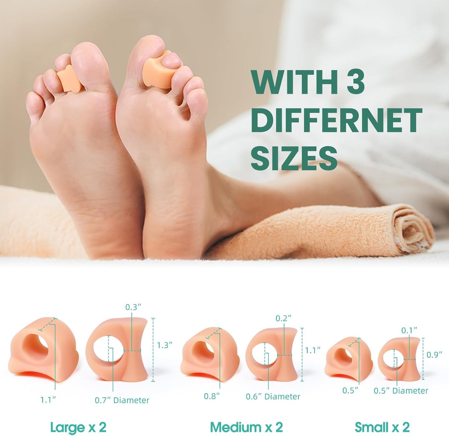 Welnove Toe Separator for Overlapping Toes - 12 PackToe Spacers for Bunions - Toe Corrector for Hammer Toes, Realign Crooked Toes - Preventing Rubbing Relieve Pressure (Multi-Size, Beige)