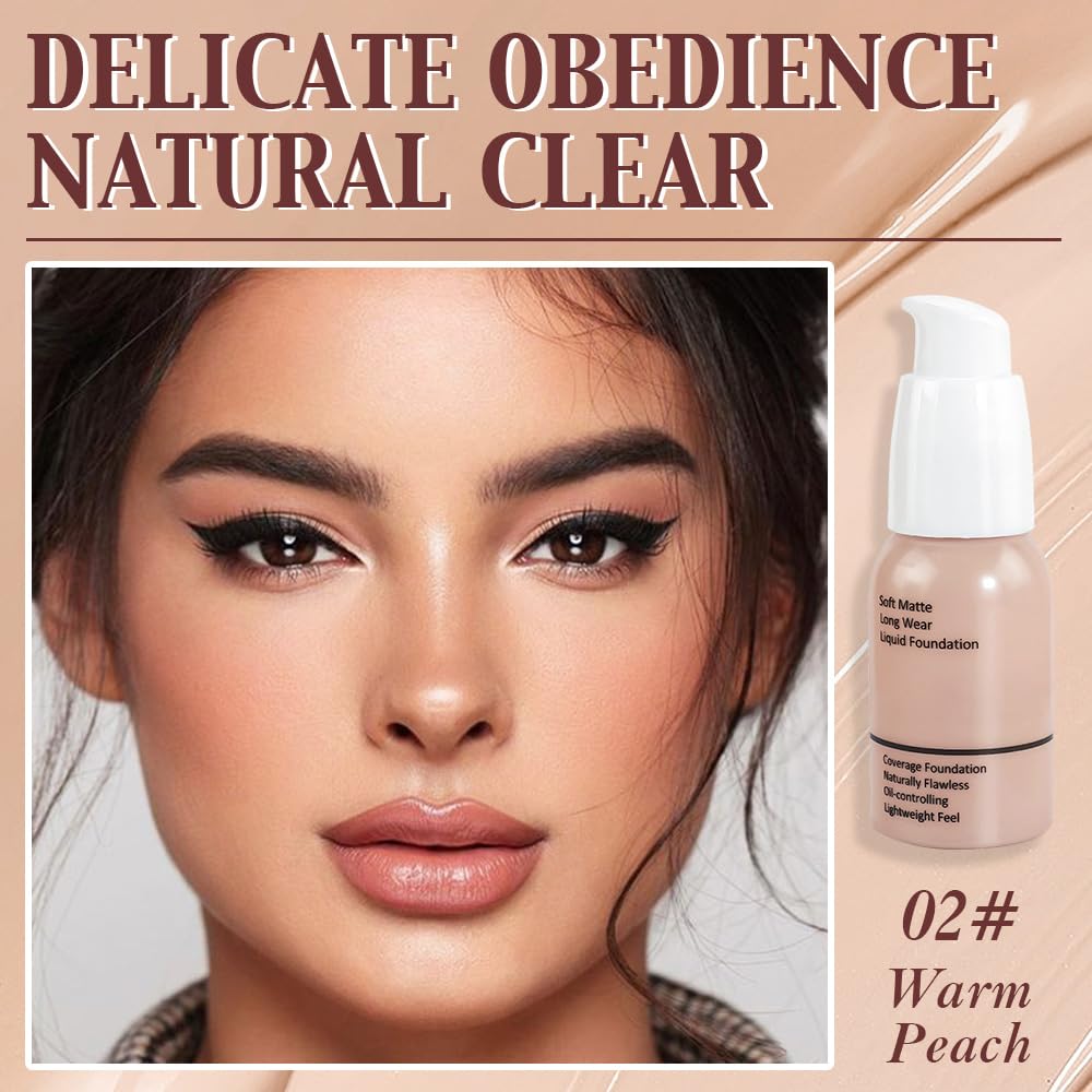 2Pcs Matte Liquid Full Coverage Foundation, Flawless Soft Matte 24HR Oil Control Full Coverage Foundation Makeup for Women, Long-Lasting Waterproof Full Coverage, 02# Warm Peach (02+02, Pack of 2)