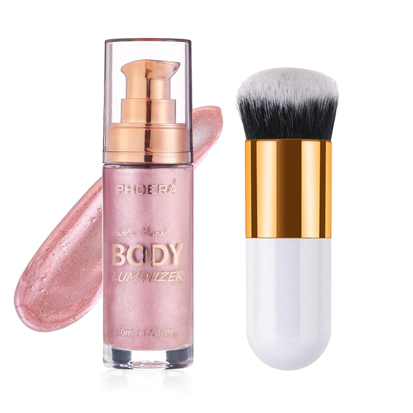 Body Shimmer Oil, Sparkle Pink Natural Glow Luminizer, Long Lasting Waterproof Moisturizing Liquid Illuminator Highlighter Makeup for a Sun-Kissed Glow, Brush Include, 1oz, Fair