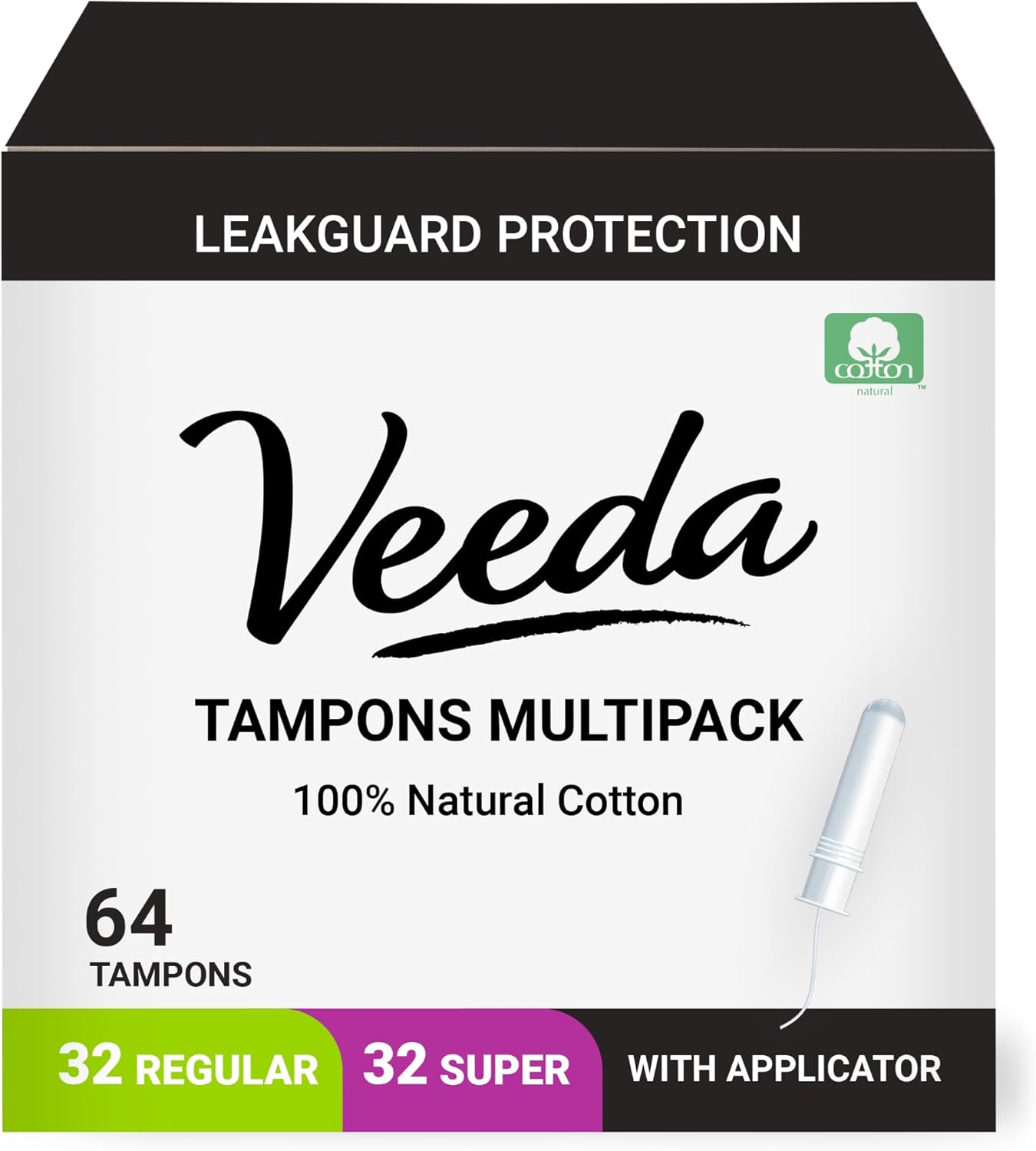 Veeda 100% Natural Cotton Compact Regular and Super Tampons - Compact BPA-Free Applicator - Unscented, Chlorine & Toxin Free - 32 Count Regular & 32 Count Super