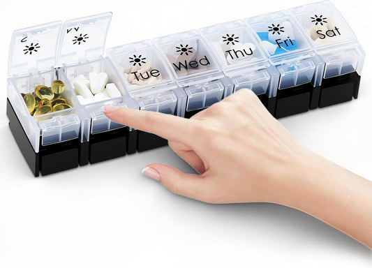 XL Large AM/PM Weekly Pill Organizer Arthritis Friendly, 2 Times a Day Pill Box with Spring Open Design, 7 Day Vitamin Case with Push Button Compartments (Black&White)