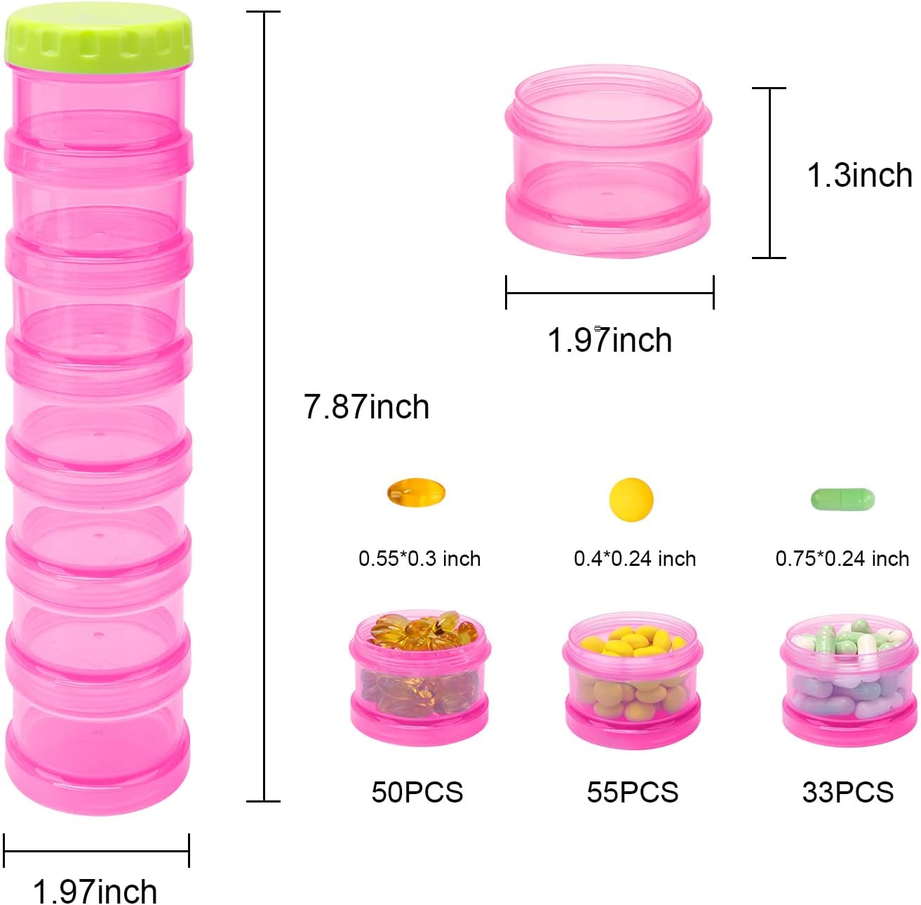 7 Day Pill Organizer Case Stackable Weekly Supplements Vitamins Pills Holder Dispenser Large Transparent Pink with Label and Extra Lid