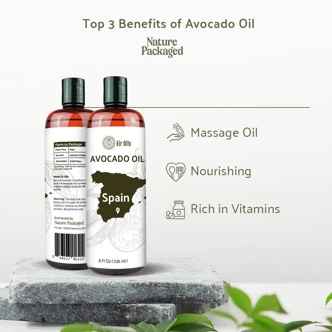 Avocado Oil - Direct from EIR Oils Farm in Spain - 100% Pure Carrier Oil for Hair, Face, and Skin - Hand-Picked, Cold-Pressed Carrier Oil - (8oz)
