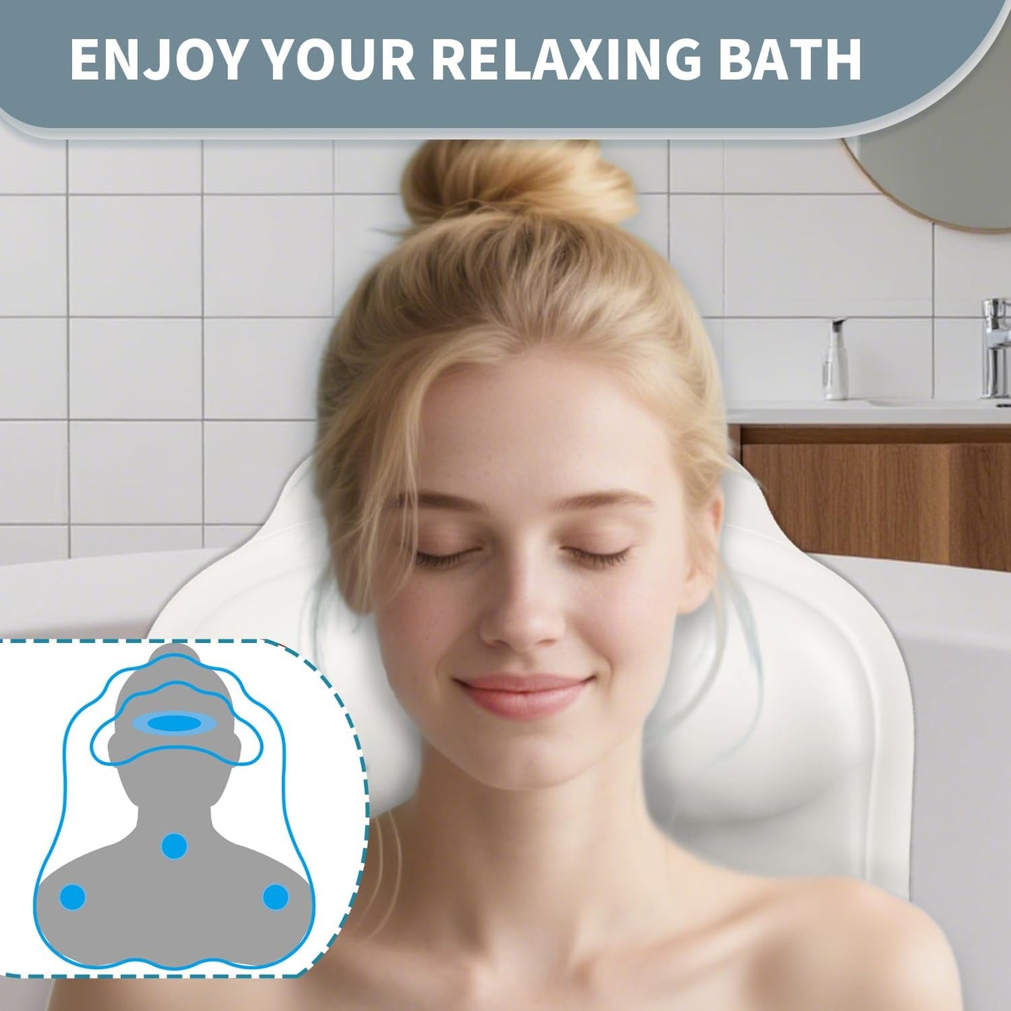 Silicone Bath Pillow for Tub – Ergonomic Bathtub Headrest with Inflatable Air Cushion, Non-Slip Suction Cups & Neck/Back Support – Comfortable Spa Bath Accessory for Relaxation (Cream White)