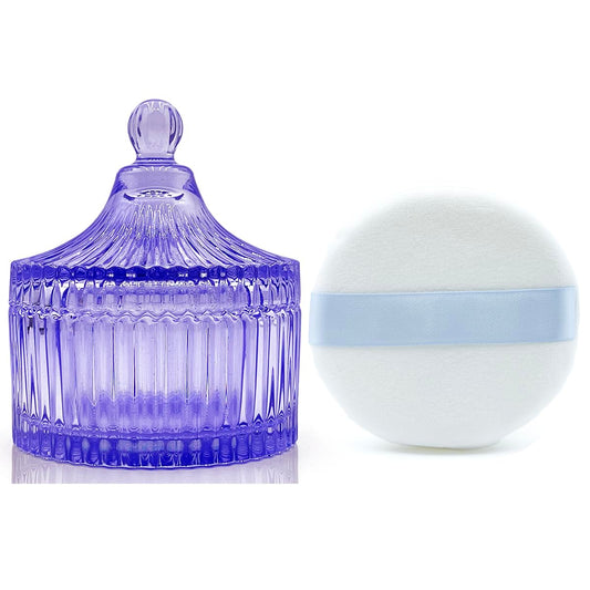 Ultra Soft Powder Puff and Container 3.3" High Density Velvet Dusting Washable Reusable Powder Puff,Body Powder Puff and Glass Jar Holder Loose Powder Box with Puff for Face Makeup(Purple)
