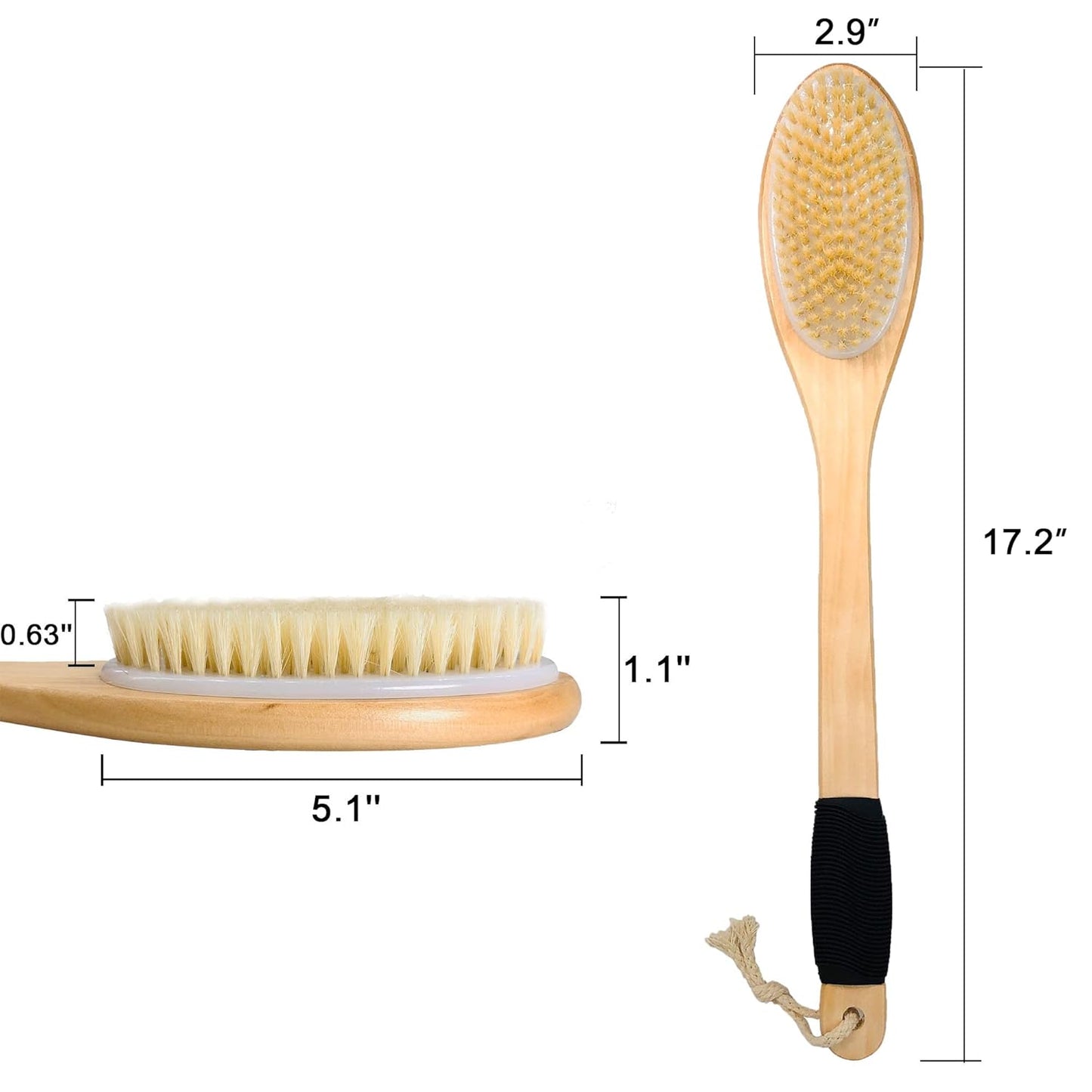 OWIIZI Bath Brush Wooden Curved Long Handle Antiskid Shower Brush for Exfoliating, Natural Bristle Scrubber for Back Use Wet or Dry