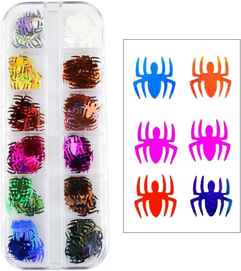 3 Boxes Halloween Nail Art Sequins 3D Holographic Spider Pumpkin Face Ghost Witch Skull Nail Art Glitter Sequins Halloween Nail Decoration Supplies for Women (36 Grids)