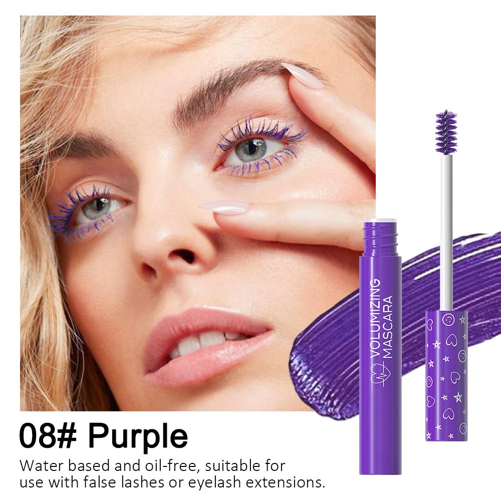 Colored Mascara for Eyelashes Set,Colorful Waterproof Mascara for eyelashes Long lasting Charming Voluminous for Women Halloween Eye Makeup (2Pcs 07#Yellow&08#Purple, F)