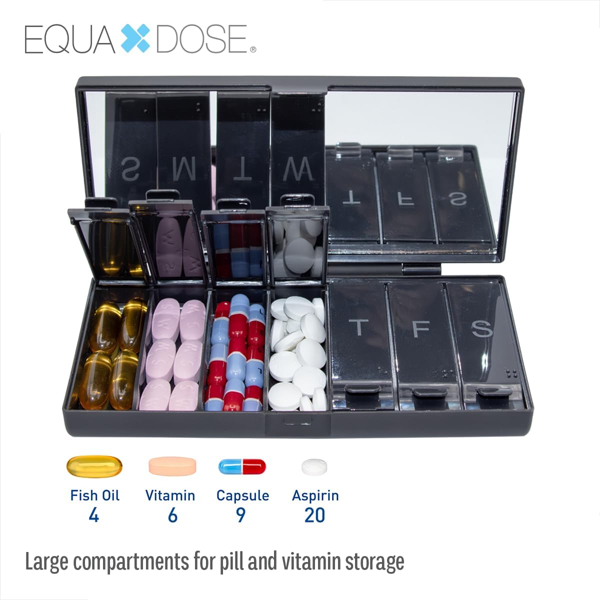 EQUADOSE Weekly Pill Case, 7-Day Medicine Organizer with Mirror, Compact Vitamin Storage Box, Travel-Friendly Pill Planner, 7 Individual Compartments for Supplements, Tablets, and Medications, Black