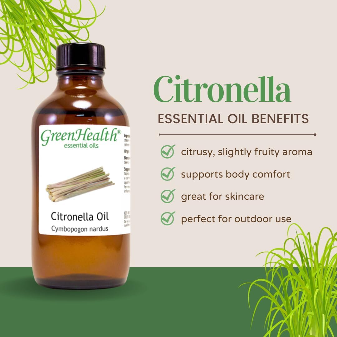 Citronella Essential Oil – 8 fl oz (237 ml) Aluminum Bottle w/Plug Cap – 100% Pure Essential Oil – GreenHealth