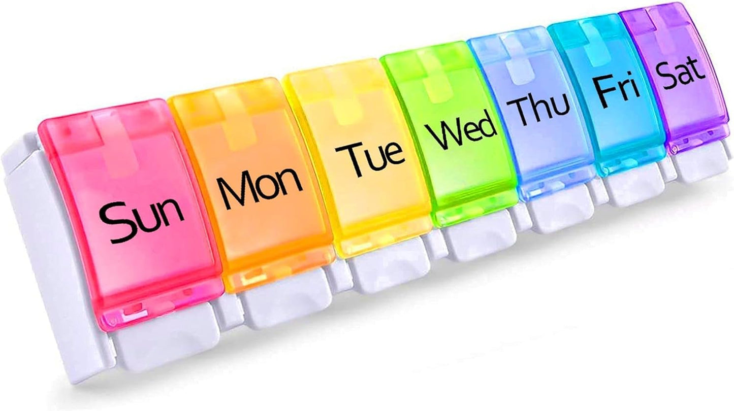 PERFORMORE Portable Weekly 7-Day Pill Organizer, Travel Medicine Box, Rainbow Color, BPA Free with Easy Push Button Design Case Holder for Pills, Vitamin, Supplements and Medicine