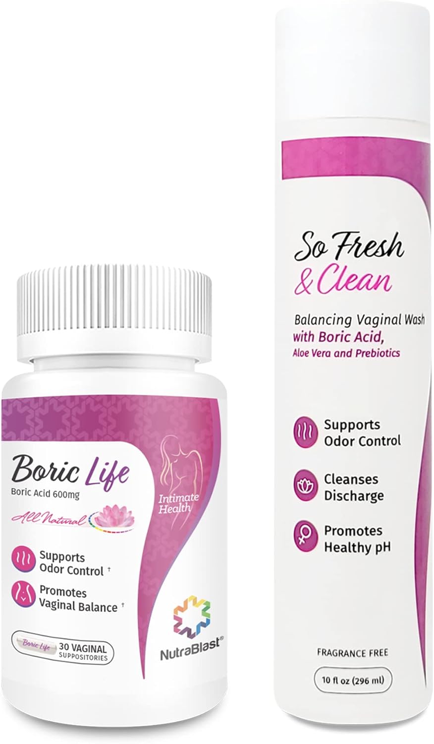 NutraBlast Boric Acid Vaginal Suppositories Bundle with So Fresh & Clean | Supports Odor Control | Cleanses Discharge | Promotes Intimate Balance (30 Count & 10 fl oz)