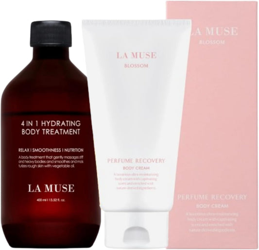LA MUSE Ultimate Hydration & Recovery Skincare Duo – 4-in-1 Hydrating Body Treatment for Aromatherapy Benefits + Perfume Recovery Body Cream(Blossom) for Nourishing, Soothing, Deep Moisture & Firming