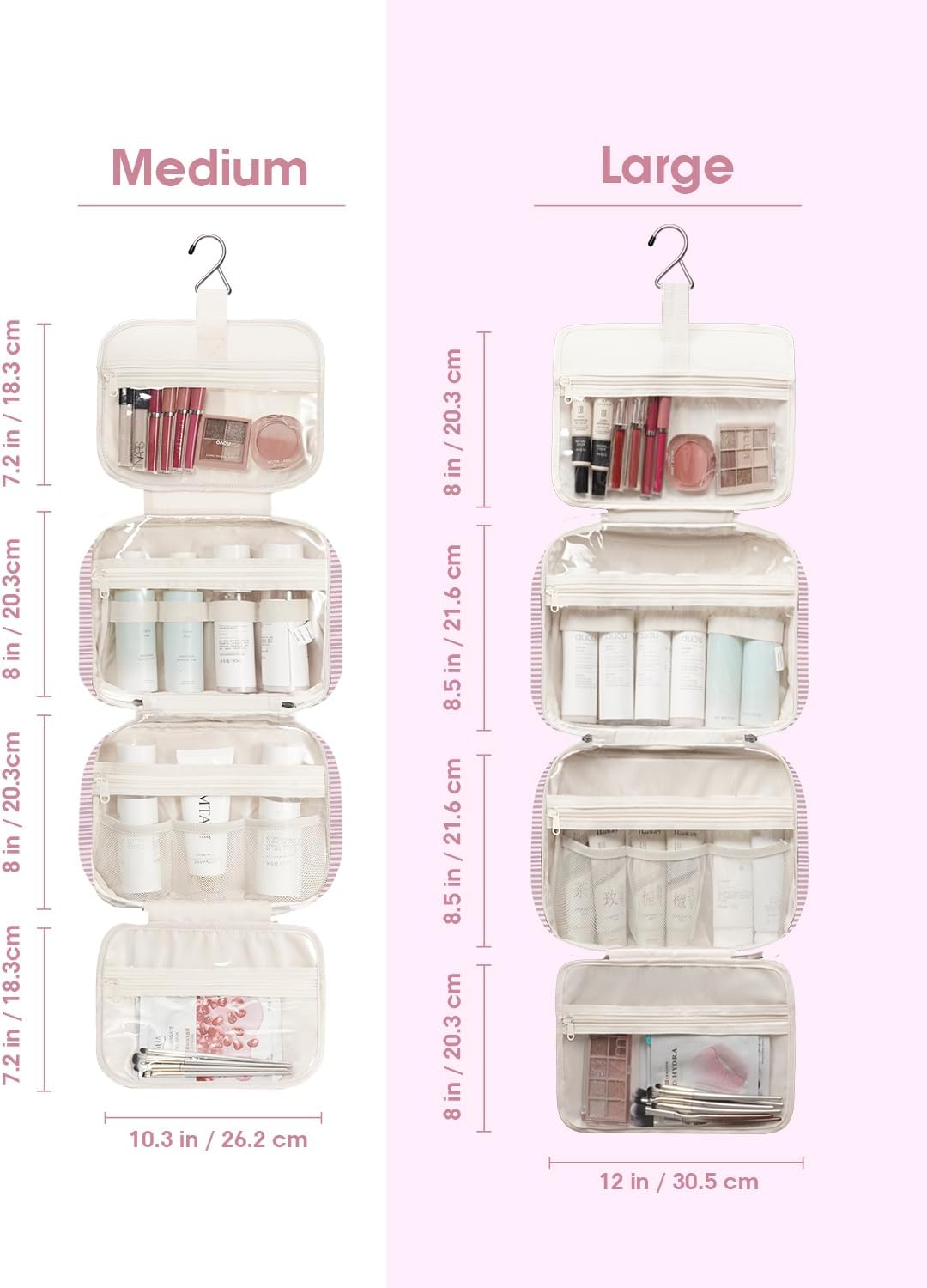 Narwey Striped Travel Toiletry Bag for Women Large Hanging Makeup Bag Organizer Toiletries Bag for Full Size Essentials Accessories Cosmetics (Dusty Pink Stripe (Large))