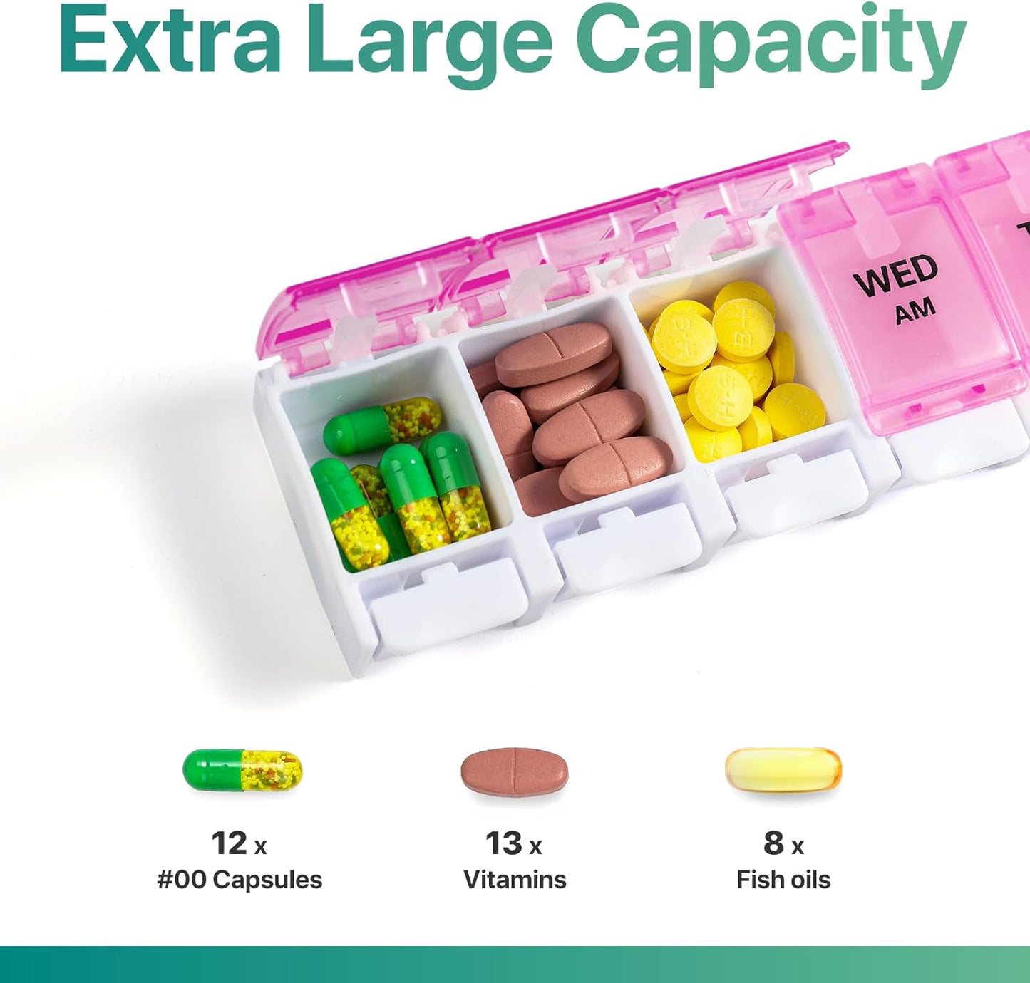 Sukuos AM PM Weekly Pill Organizer 7 Day, 2 Times A Day Medicine Pill Box with Easy Push Button, BPA Free Vitamin Cases for Fish Oil/Supplements, Easy to Clean (Purple&Pink)