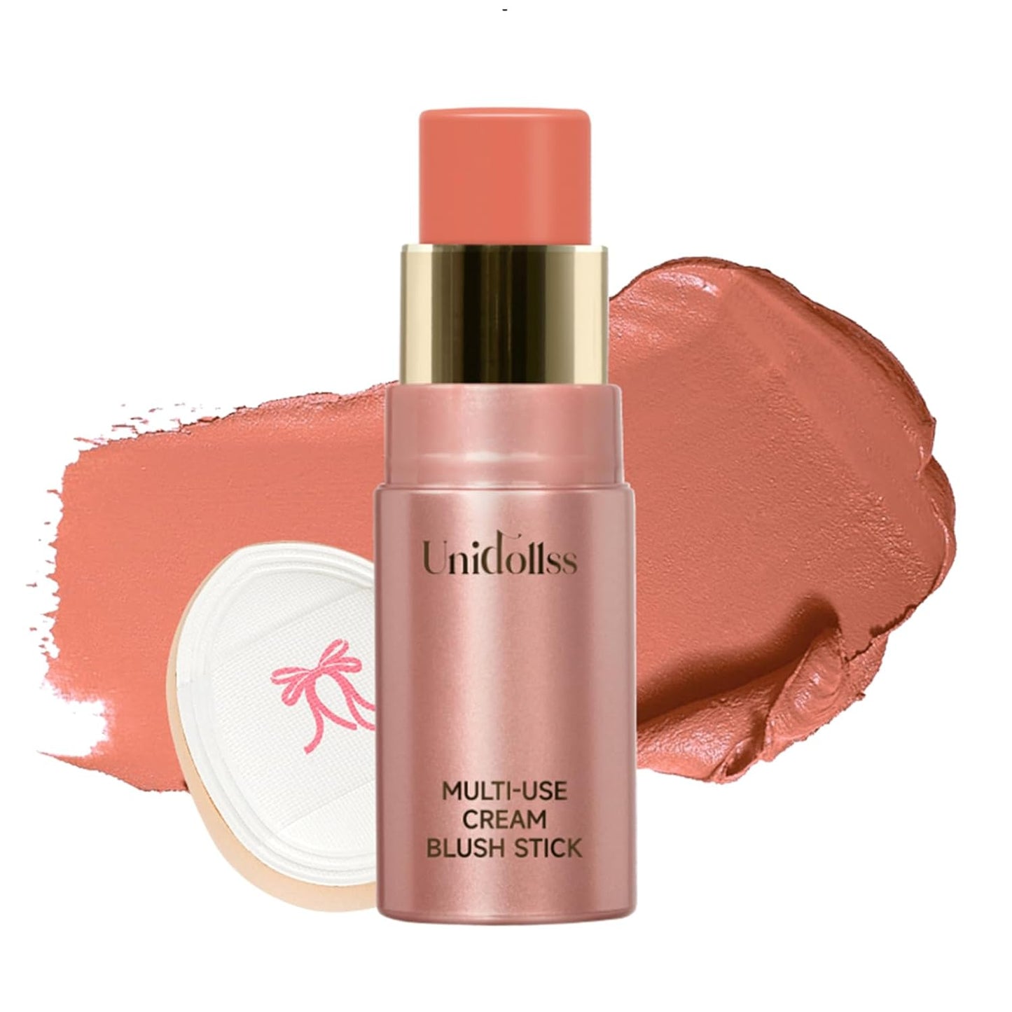 Multi-Use Makeup Cream Blush Stick, Unidollss 3-in-1 Buildable Powder Blush Stick for Cheek, Eye, and Lip, Hydrating formula, All day wear, Easy Application with Thumb Puff Included (03 PALPITATING)