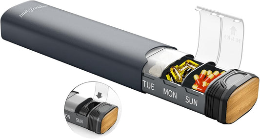 Metal Weekly Pill Organizer, Serfeymi Aluminum Daily Pill Box(Spare Gasket Provided),7 Day Pill Case Travel Medicine Organizer,Pill Containers with Individual Lid for Vitamins,Pills, Supplement-Gray